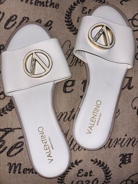 Valentino White Leather Slide Sandals with Gold Logo Medallions